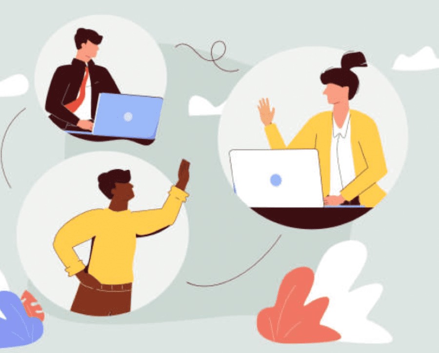 Illustration of three people meeting over video