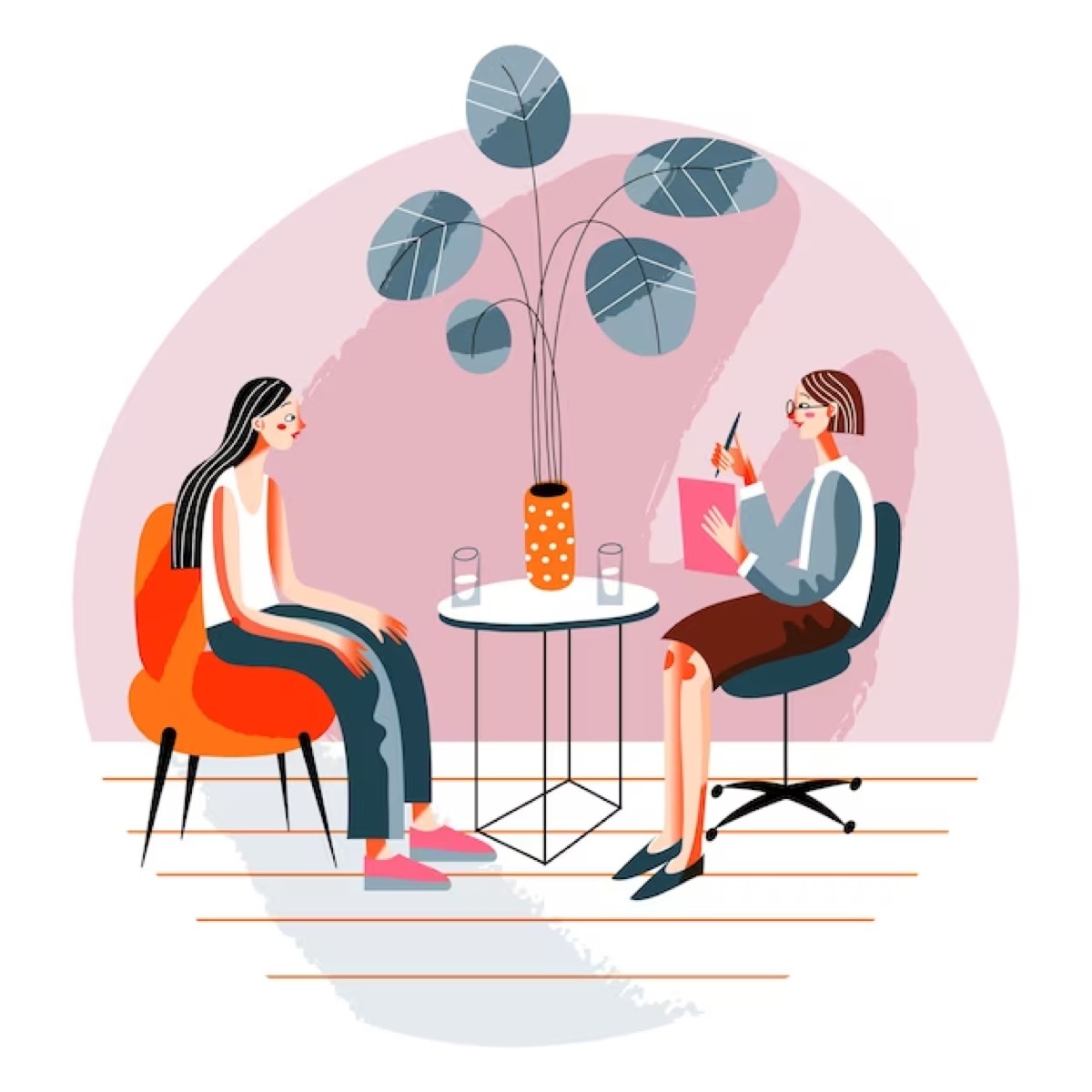 Two people in conversation across a table
